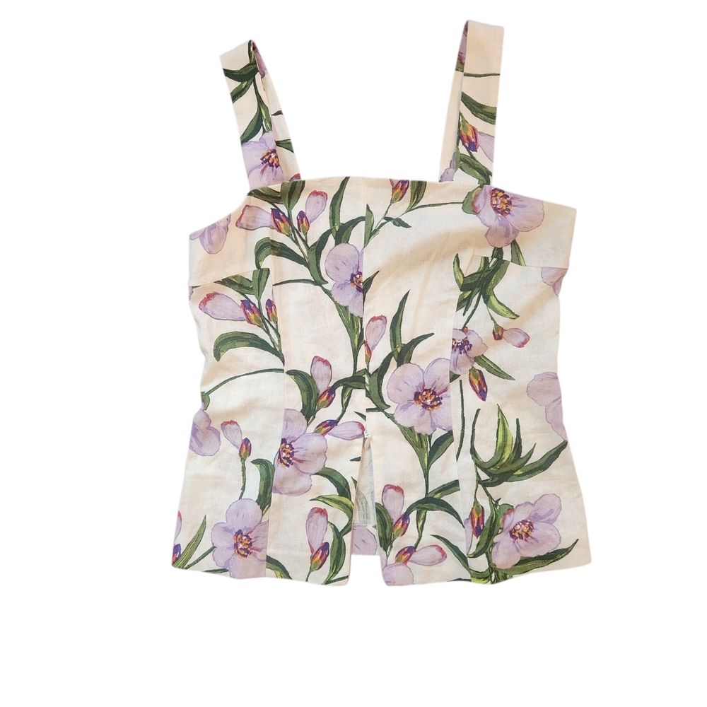 Floral Square-Neck Linen Top - White with Lavender Blooms